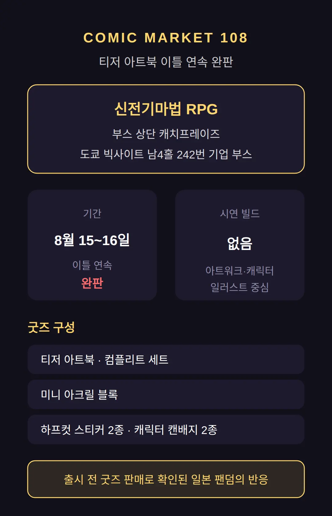 코믹마켓108 — 티저 아트북 이틀 연속 완판