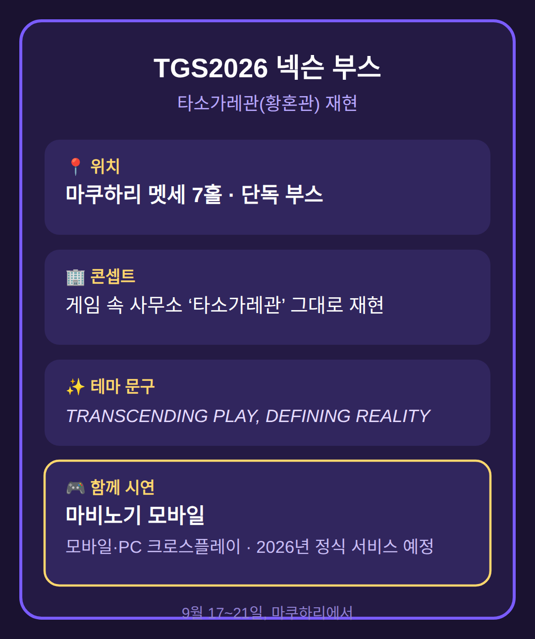 TGS2026 넥슨 부스 위치와 타소가레관 재현 부스